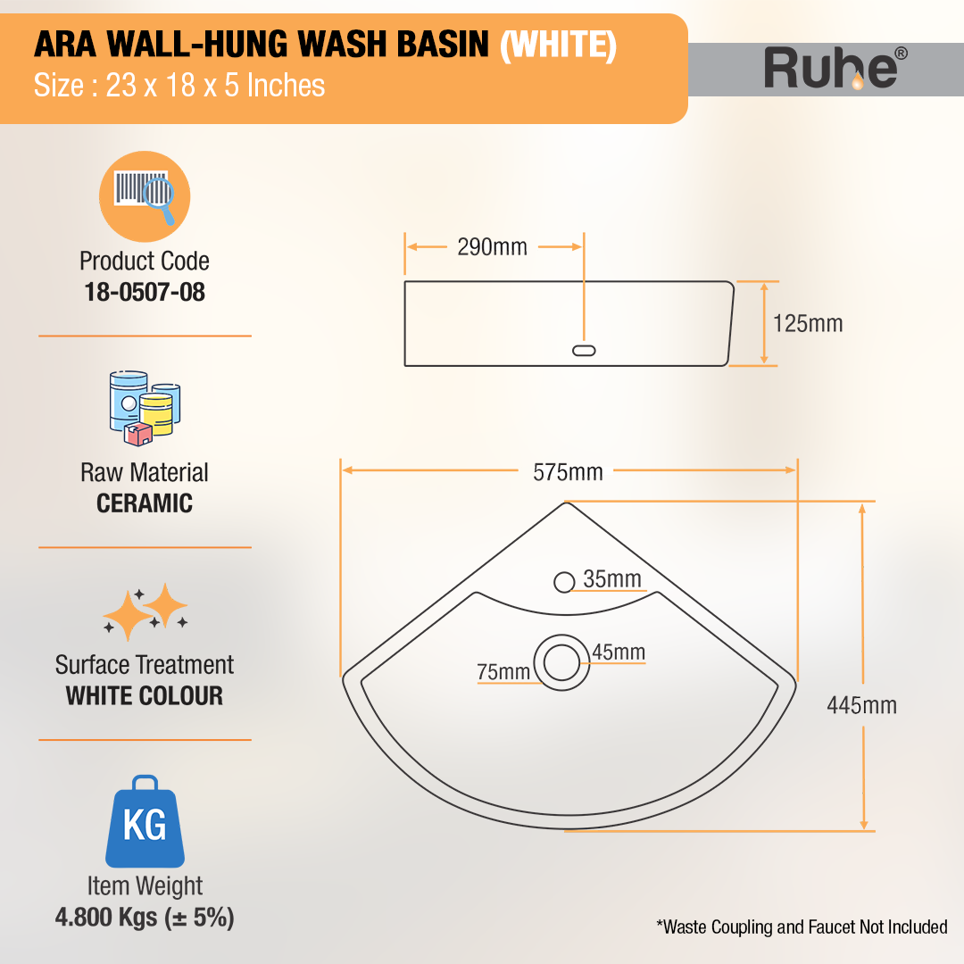 Ara Wall-hung Wash Basin (White) - by Ruhe