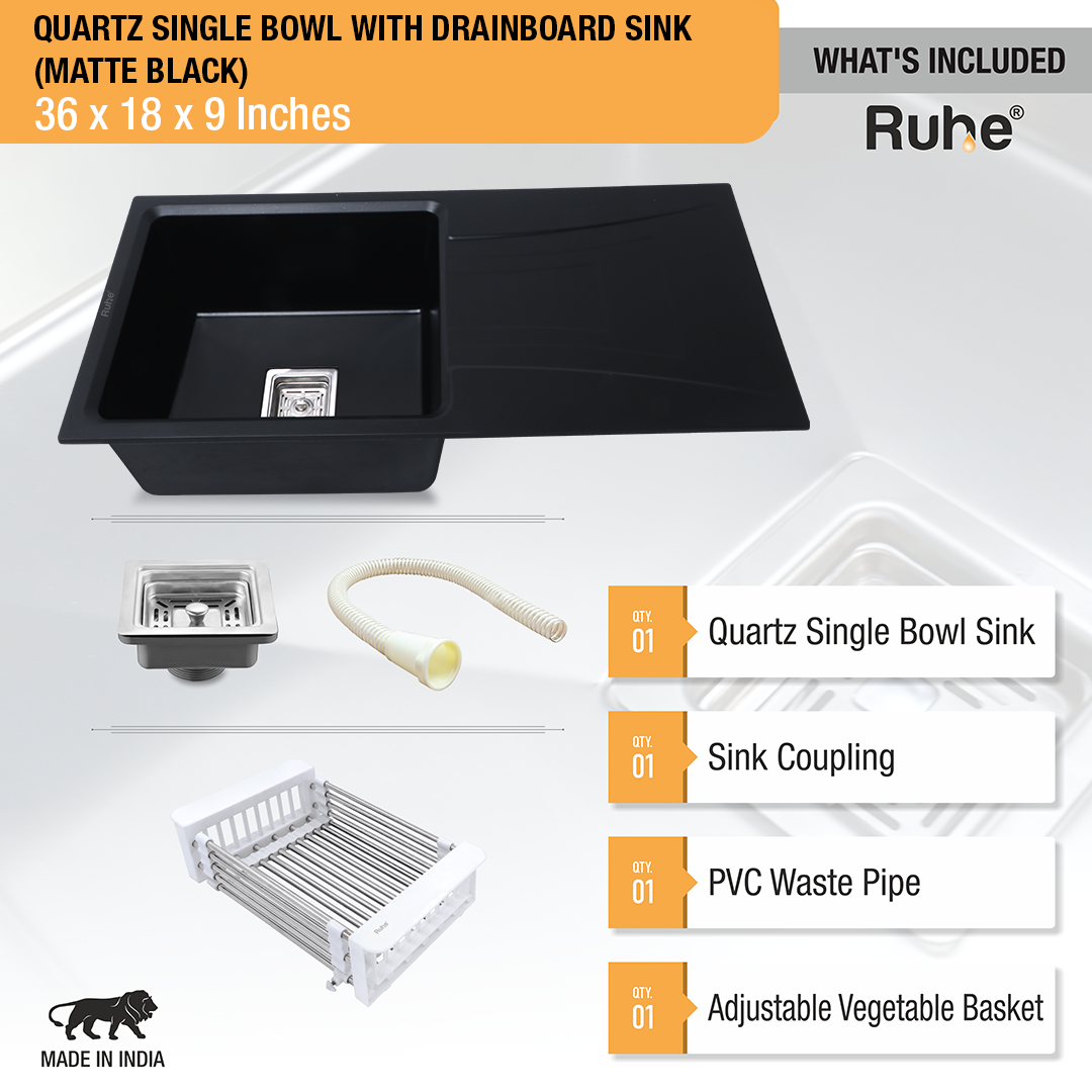 Matte Black Quartz Single Bowl with Drainboard  Kitchen Sink (36 x 18 x 9 inches) - by Ruhe