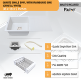 Crystal White Quartz Single Bowl with Drainboard  Kitchen Sink (36 x 18 x 9 inches) - by Ruhe