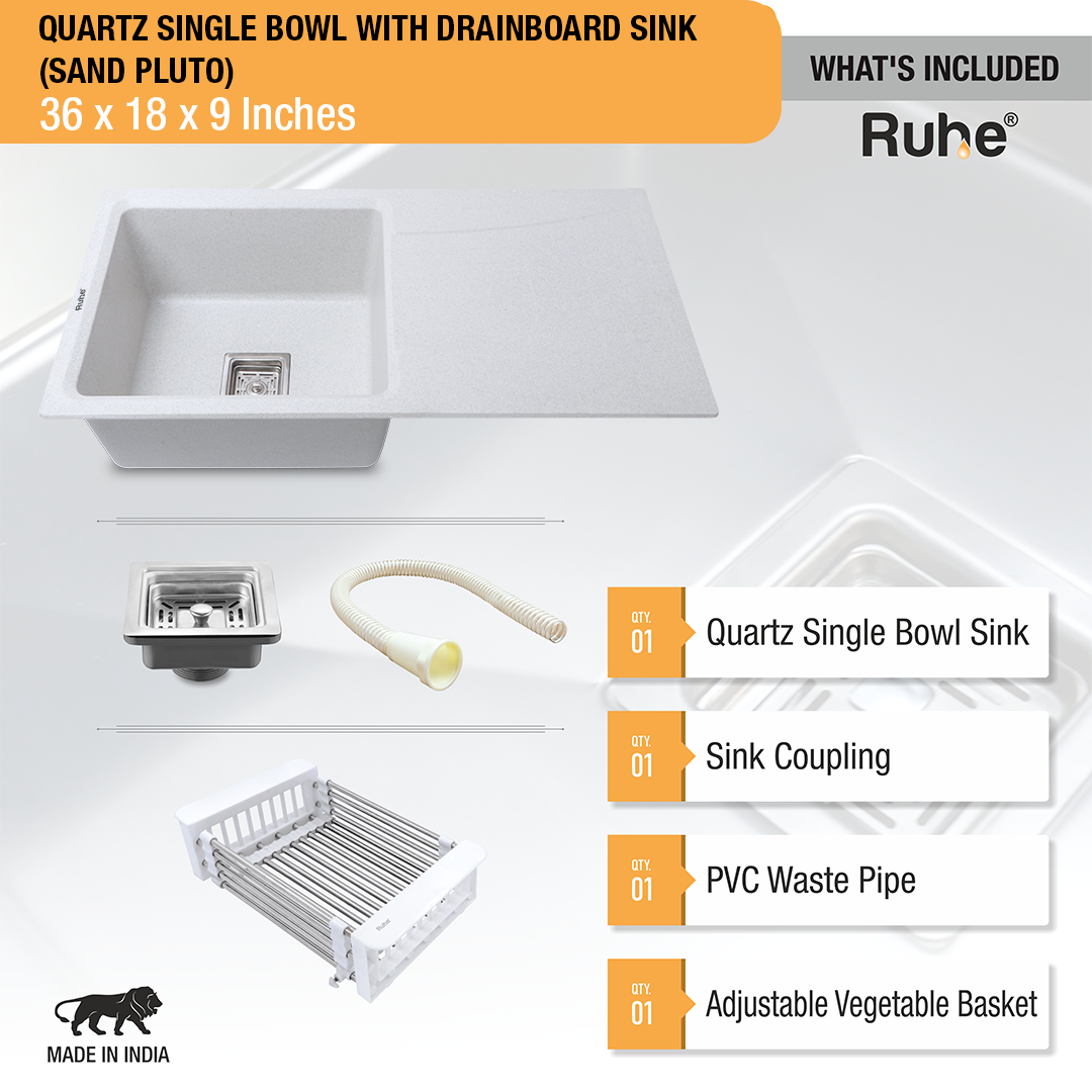 Sand Pluto Quartz Single Bowl with Drainboard  Kitchen Sink (36 x 18 x 9 inches) - by Ruhe