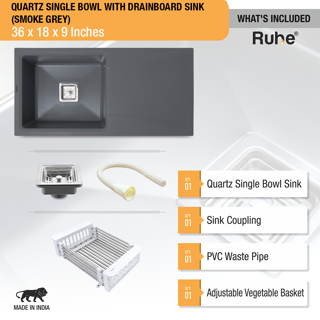 Smoke Grey Quartz Single Bowl with Drainboard  Kitchen Sink (36 x 18 x 9 inches) - by Ruhe