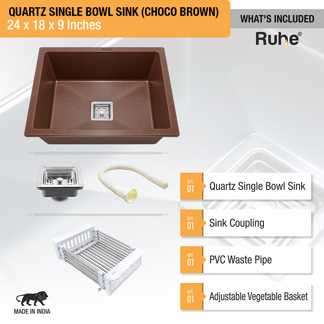 Choco Brown Quartz Single Bowl Kitchen Sink  (24 x 18 x 9 inches) - by Ruhe