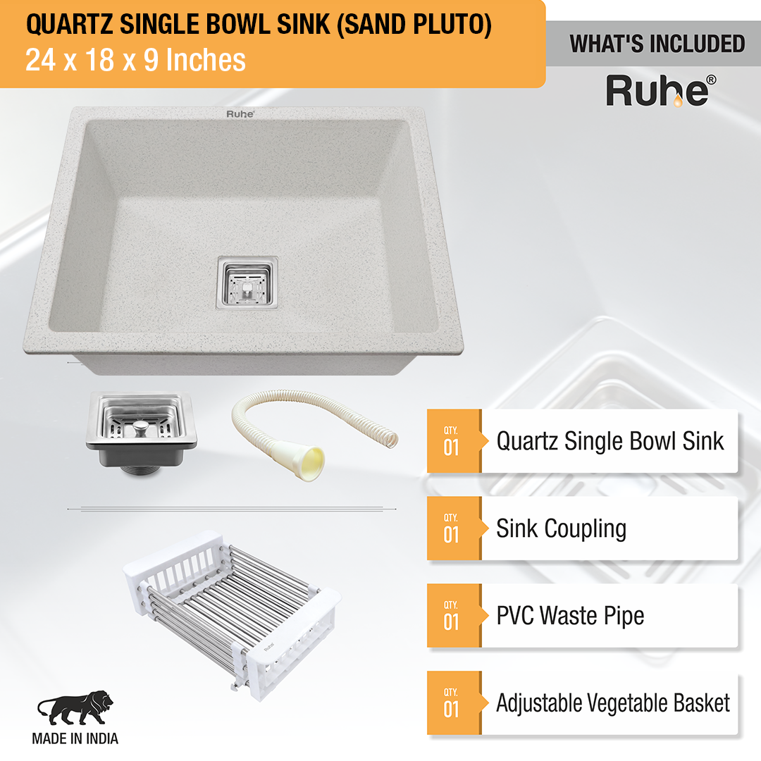 Sand Pluto Quartz Single Bowl Kitchen Sink  (24 x 18 x 9 inches) - by Ruhe