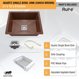 Choco Brown Quartz Single Bowl Kitchen Sink  (21 x 18 x 9 inches) - by Ruhe