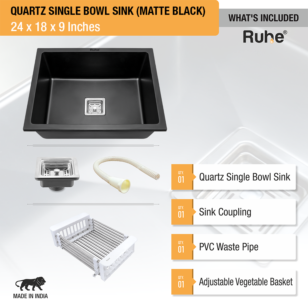 Matte Black Quartz Single Bowl Kitchen Sink  (24 x 18 x 9 inches) - by Ruhe