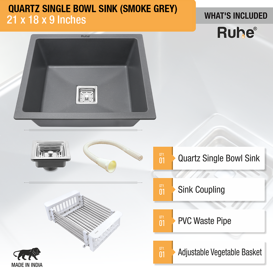 Smoke Grey Quartz Single Bowl Kitchen Sink  (21 x 18 x 9 inches) - by Ruhe