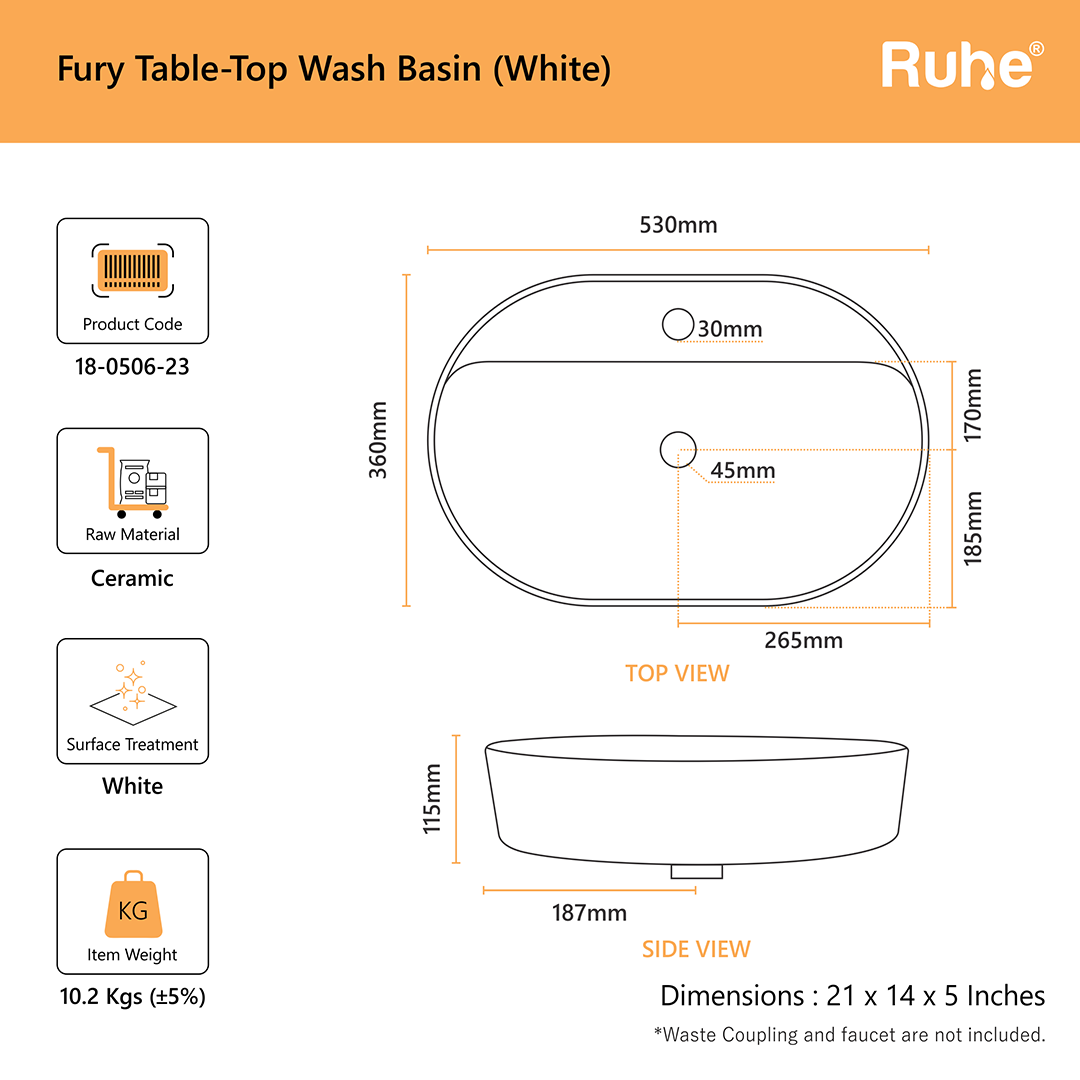 Fury Oval Table-Top Wash Basin (21 x 14 x 4.5 Inches)