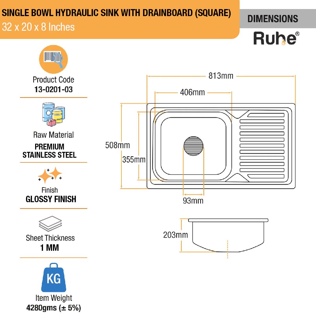 Square Single Bowl with Drainboard (32 x 20 x 8 Inches) Kitchen Sink - by Ruhe