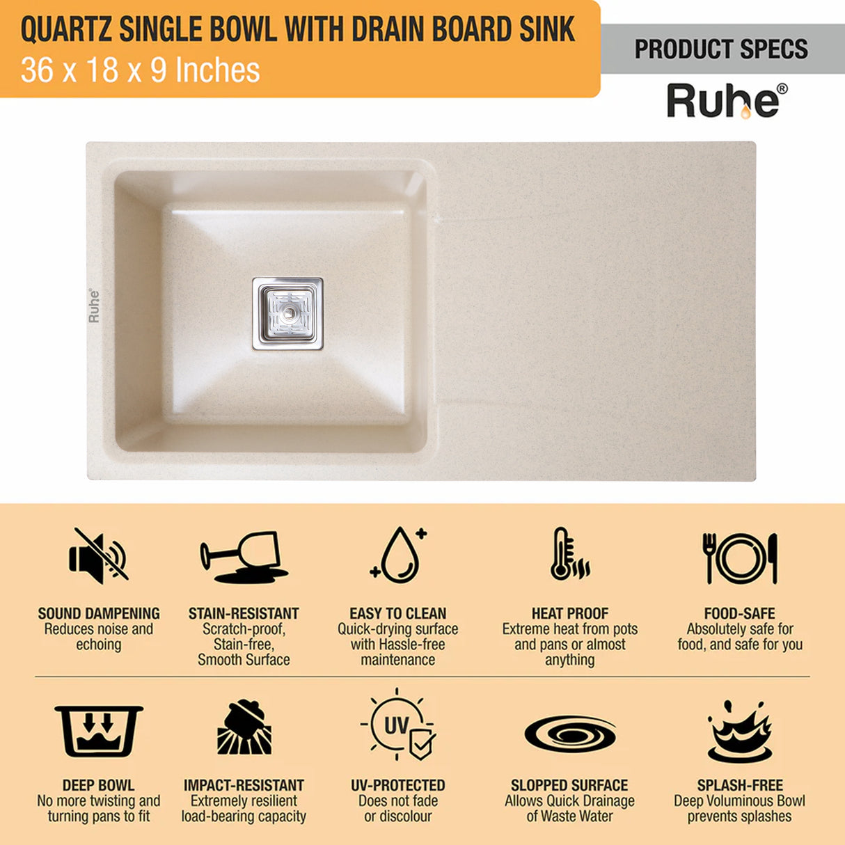 Quartz Single Bowl with Drainboard Kitchen Sink - Sand Choco (36 x 18 x 9 inches) - by Ruhe