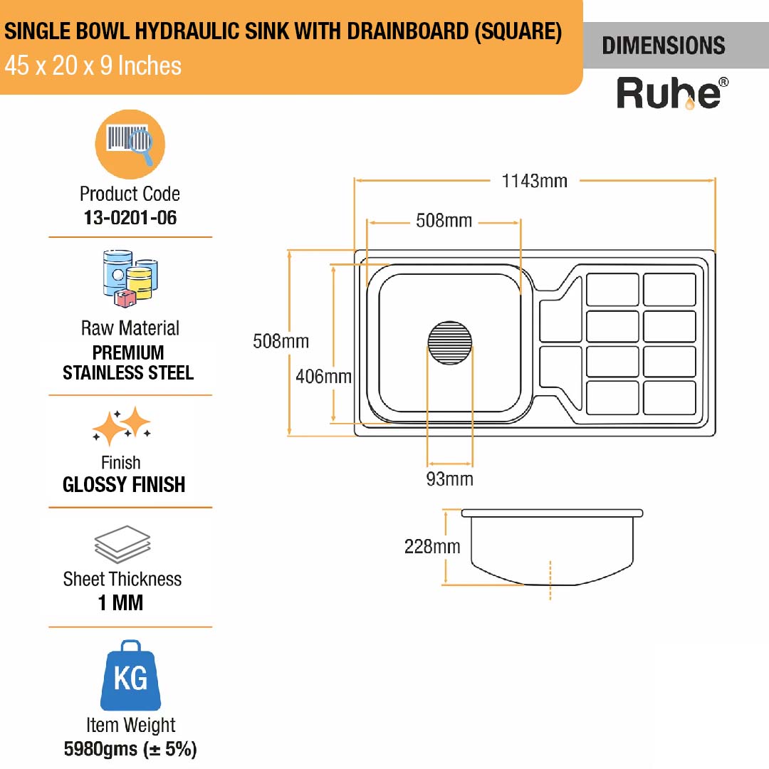 Square Single Bowl with Drainboard (45 x 20 x 9 Inches) Kitchen Sink - by Ruhe