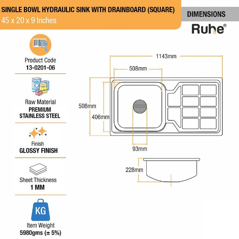Single Bowl with Drainboard Premium Kitchen Sink (45 x 20 x 9 Inches)