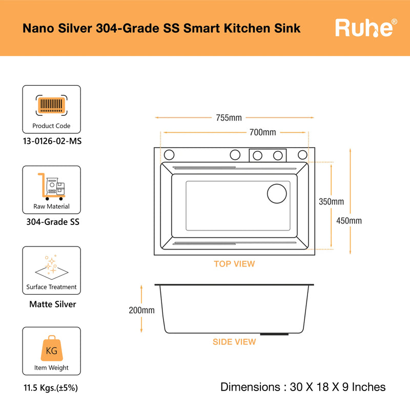 Nano Smart Kitchen Sink (30 x 18 x 9 Inches)