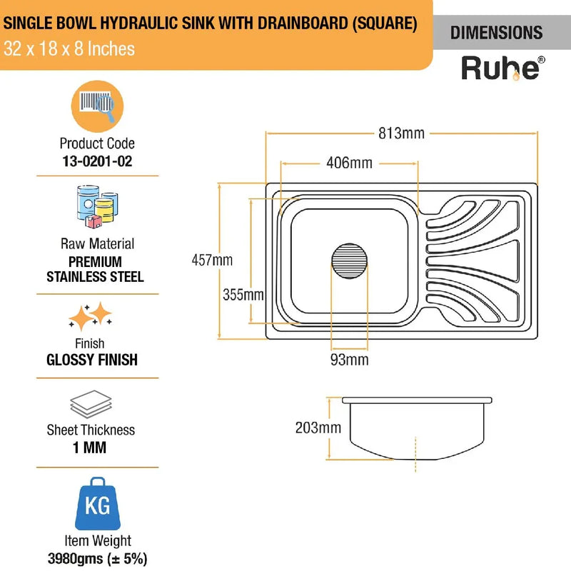 Square Single Bowl with Drainboard Kitchen Sink (32 x 18 x 8 Inches)