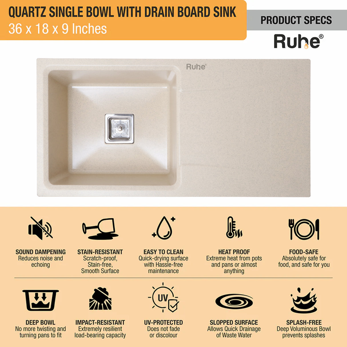 Quartz Single Bowl with Drainboard Kitchen Sink - Sand Choco (36 x 18 x 9 inches) - by Ruhe