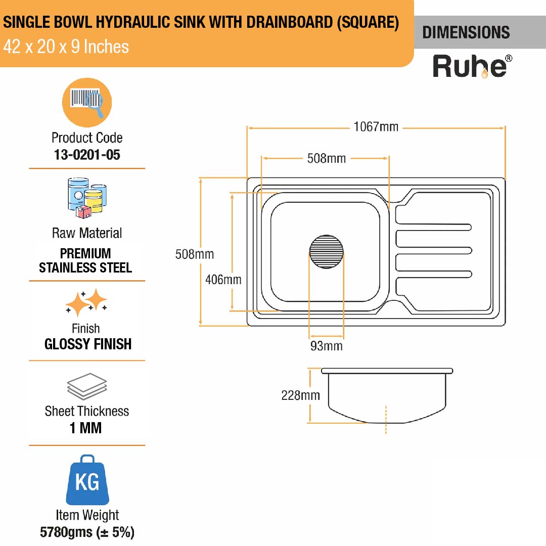 Square Single Bowl with Drainboard (42 x 20 x 9 Inches) Kitchen Sink - by Ruhe