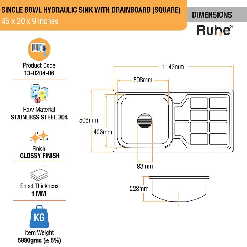 Single Bowl with Drainboard Kitchen Sink 304-Grade (45 x 20 x 9 Inches)