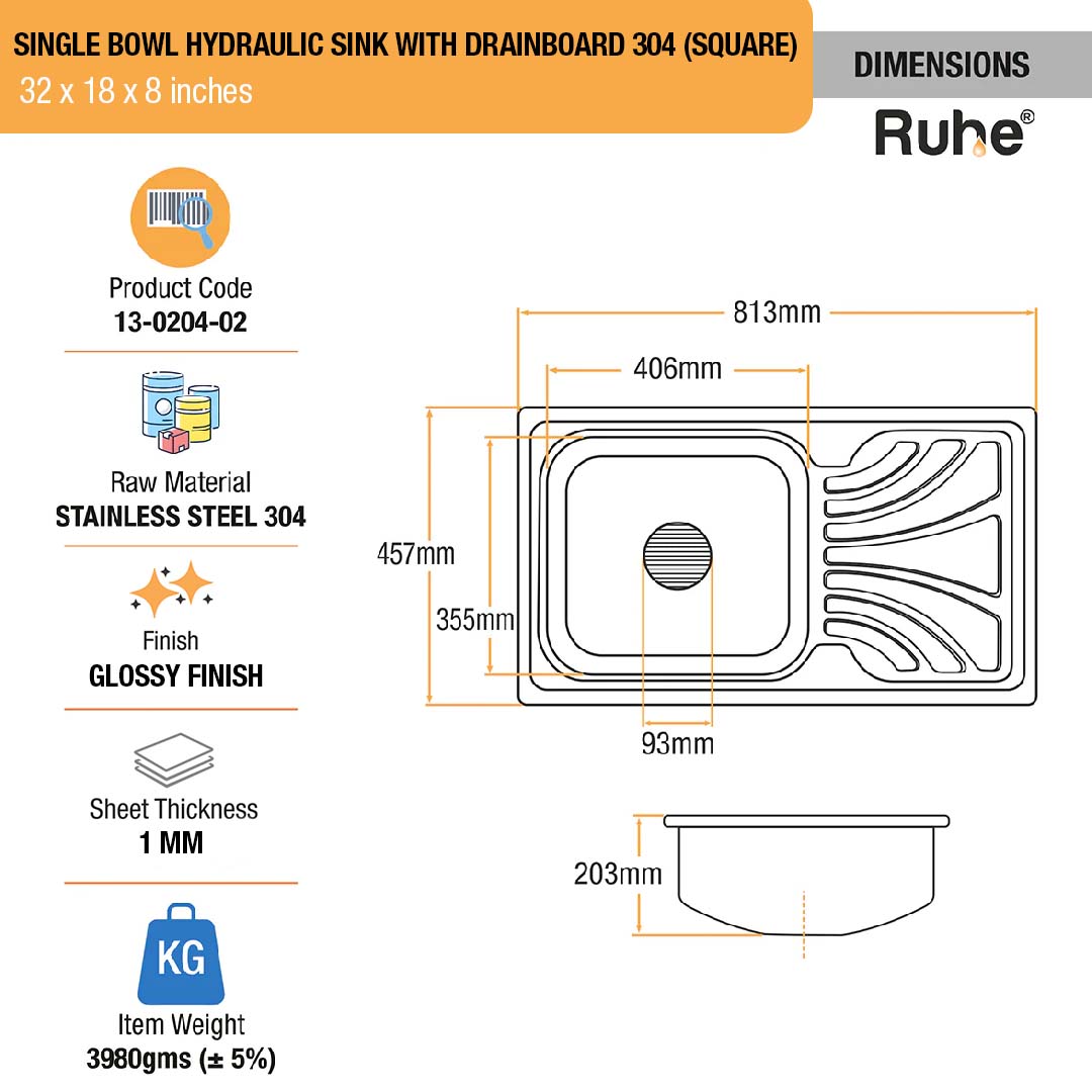 Square Single Bowl with Drainboard 304-grade (32 x 18 x 8 inches) Kitchen Sink - by Ruhe