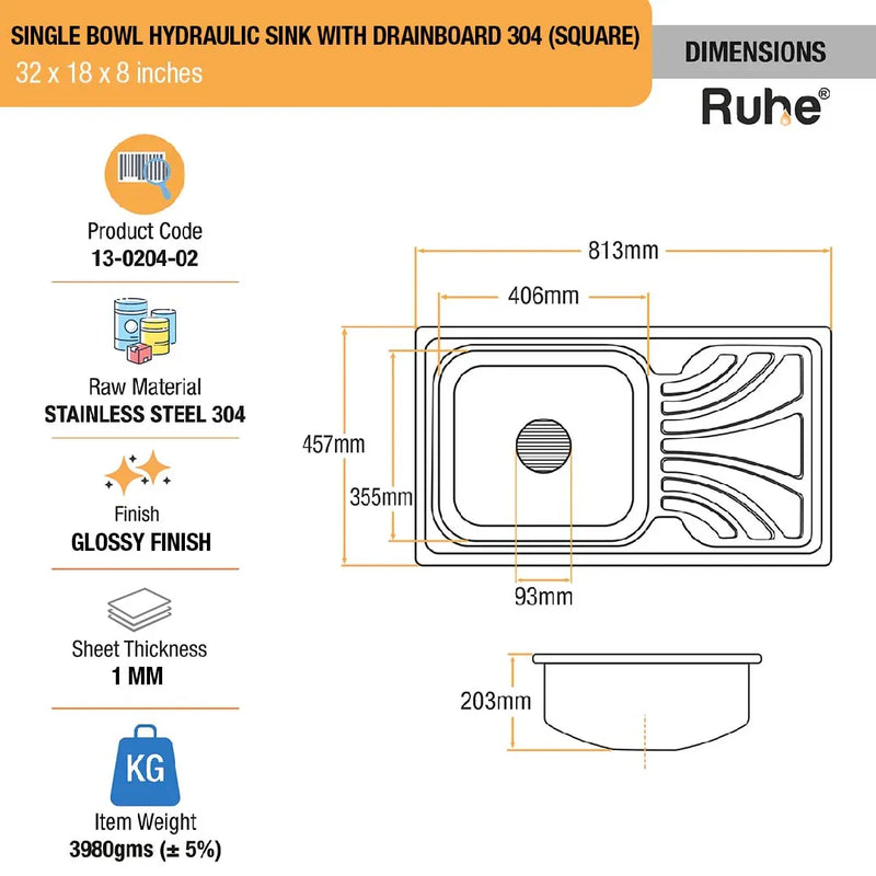 Single Bowl with Drainboard Kitchen Sink (32 x 18 x 8 Inches)