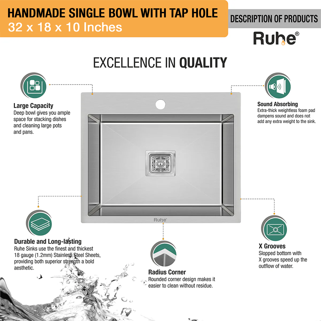 Handmade Single Bowl 304-Grade (32 x 18 x 10 Inches) Kitchen with Tap Hole - by Ruhe®