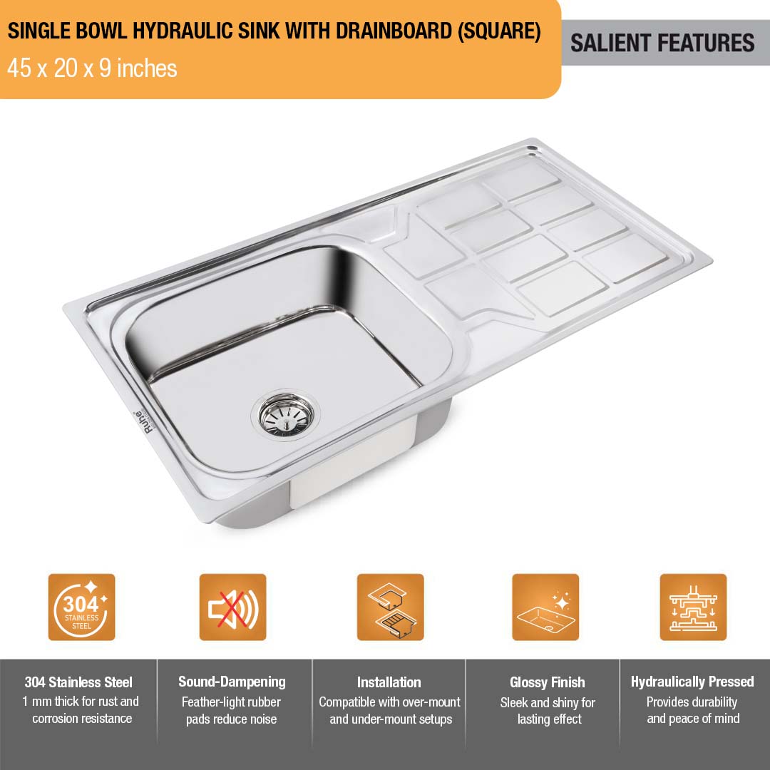 Square Single Bowl with Drainboard 304-grade (45 x 20 x 9 inches) Kitchen Sink - by Ruhe