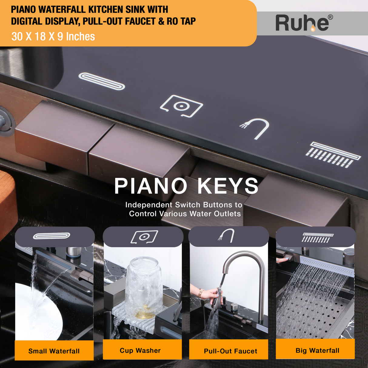 Piano Waterfall Kitchen Sink with Digital Display, Pull-out Faucet & RO Tap (30 x 18 x 9 inches) - by Ruhe