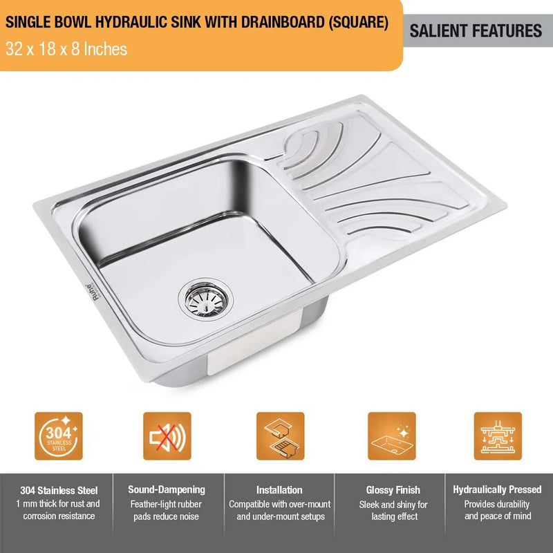 Single Bowl with Drainboard Kitchen Sink (32 x 18 x 8 Inches)