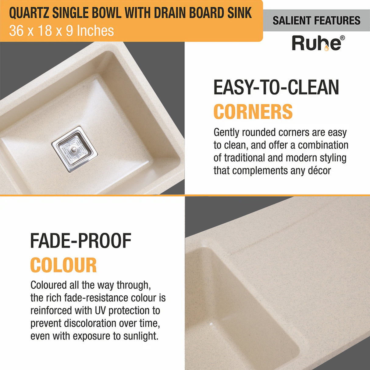 Quartz Single Bowl with Drainboard Kitchen Sink - Sand Choco (36 x 18 x 9 inches) - by Ruhe