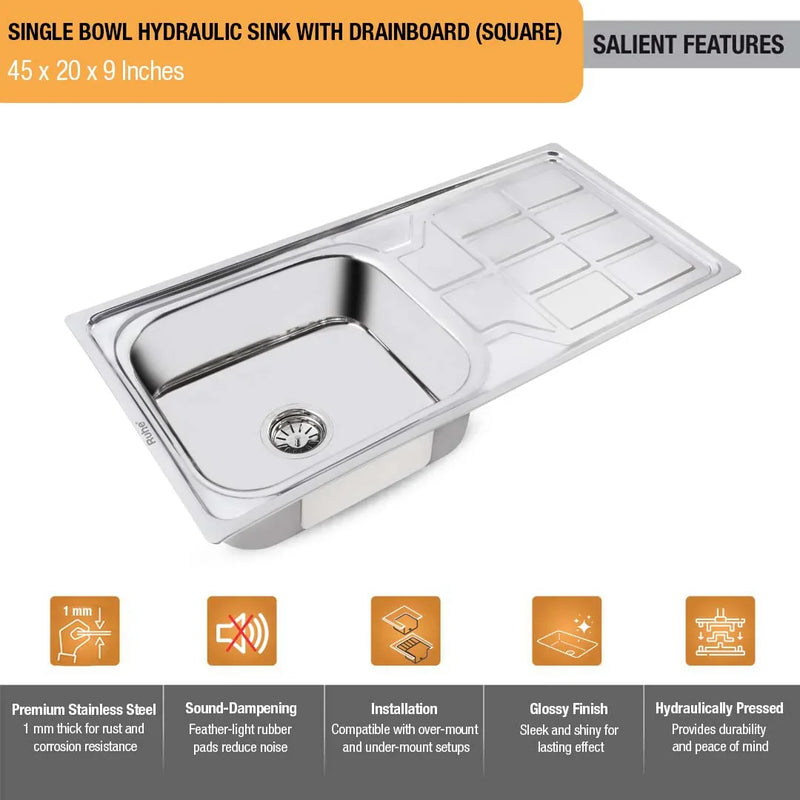 Single Bowl with Drainboard Premium Kitchen Sink (45 x 20 x 9 Inches)