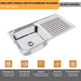 Square Single Bowl with Drainboard 304-grade (37 x 18 x 8 inches) Kitchen Sink - by Ruhe