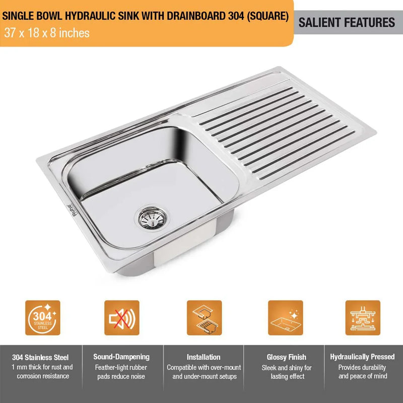 Single Bowl with Drainboard 304 Kitchen Sink (37 x 18 x 8 Inches)