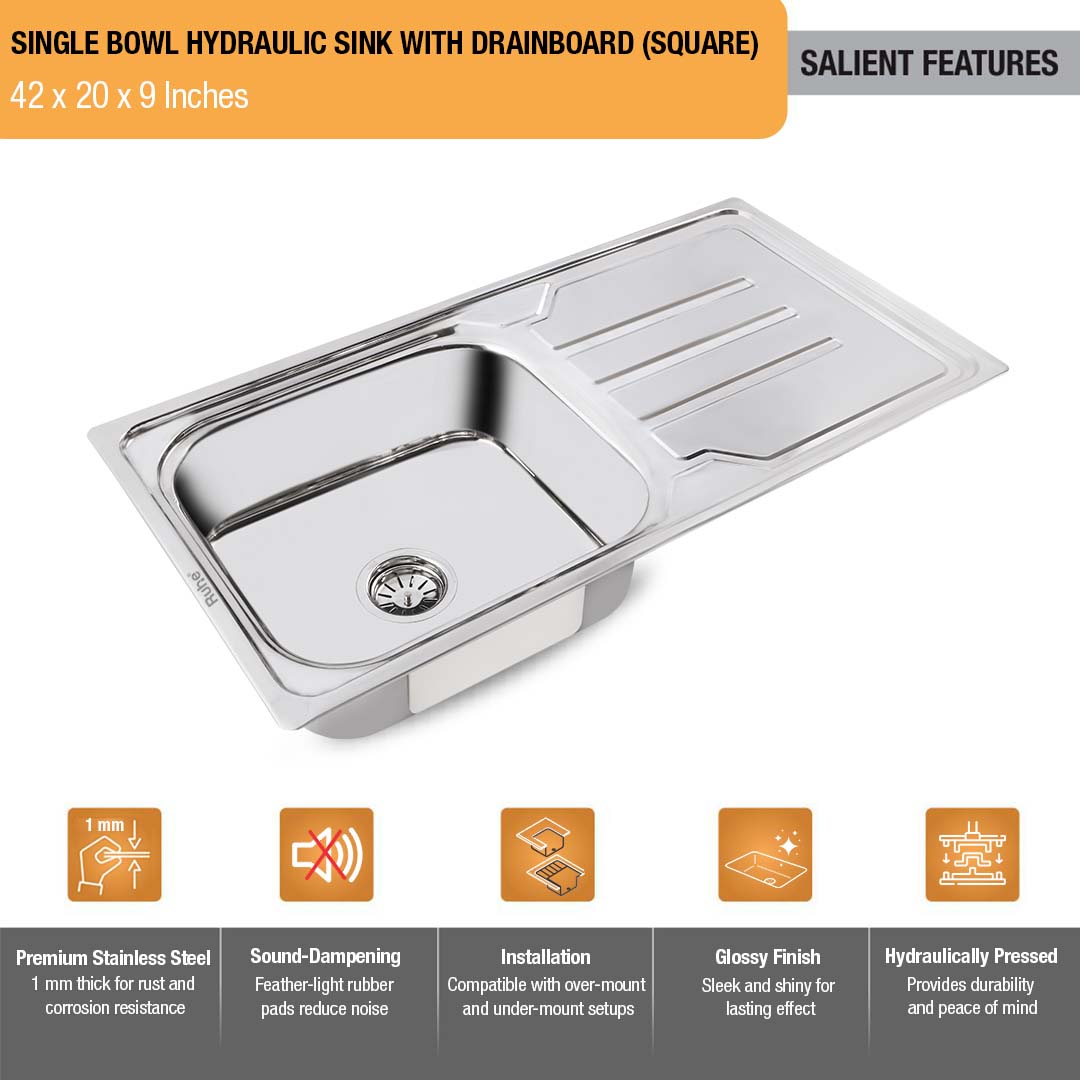 Square Single Bowl with Drainboard (42 x 20 x 9 Inches) Kitchen Sink - by Ruhe