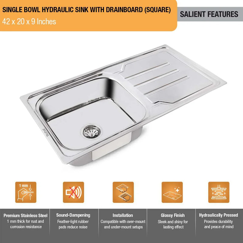 Single Bowl with Drainboard Premium Kitchen Sink (42 x 20 x 9 Inches)
