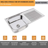 Square Single Bowl with Drainboard (37 x 18 x 8 Inches) Kitchen Sink - by Ruhe®