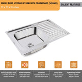 Square Single Bowl with Drainboard (32 x 20 x 8 Inches) Kitchen Sink - by Ruhe