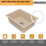 Sand Choco Quartz Single Bowl Kitchen Sink  (24 x 18 x 9 inches) - by Ruhe