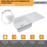 Crystal White Quartz Single Bowl with Drainboard  Kitchen Sink (36 x 18 x 9 inches) - by Ruhe