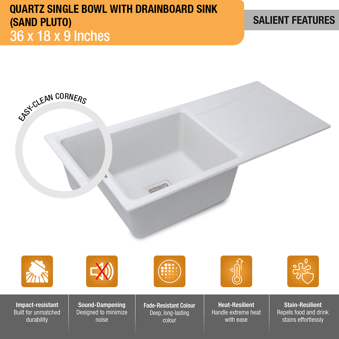 Sand Pluto Quartz Single Bowl with Drainboard  Kitchen Sink (36 x 18 x 9 inches) - by Ruhe