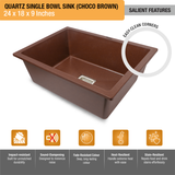 Choco Brown Quartz Single Bowl Kitchen Sink  (24 x 18 x 9 inches) - by Ruhe