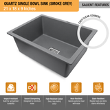 Smoke Grey Quartz Single Bowl Kitchen Sink  (21 x 18 x 9 inches) - by Ruhe