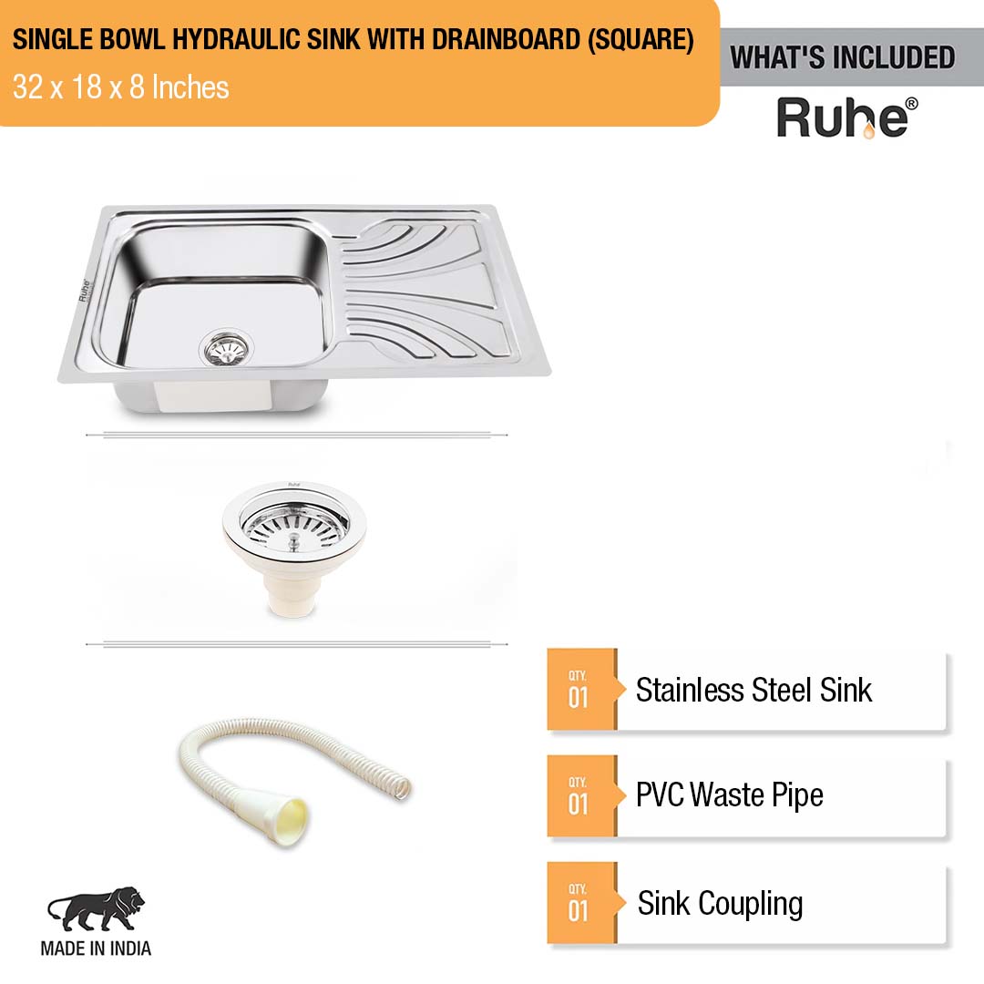 Square Single Bowl with Drainboard 304-grade (32 x 18 x 8 inches) Kitchen Sink - by Ruhe