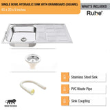 Square Single Bowl with Drainboard 304-grade (45 x 20 x 9 inches) Kitchen Sink - by Ruhe