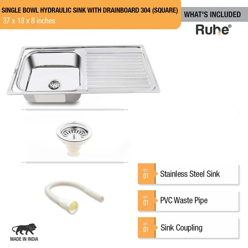 Single Bowl with Drainboard 304 Kitchen Sink (37 x 18 x 8 Inches)