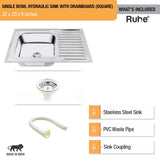 Square Single Bowl with Drainboard (32 x 20 x 8 Inches) Kitchen Sink - by Ruhe