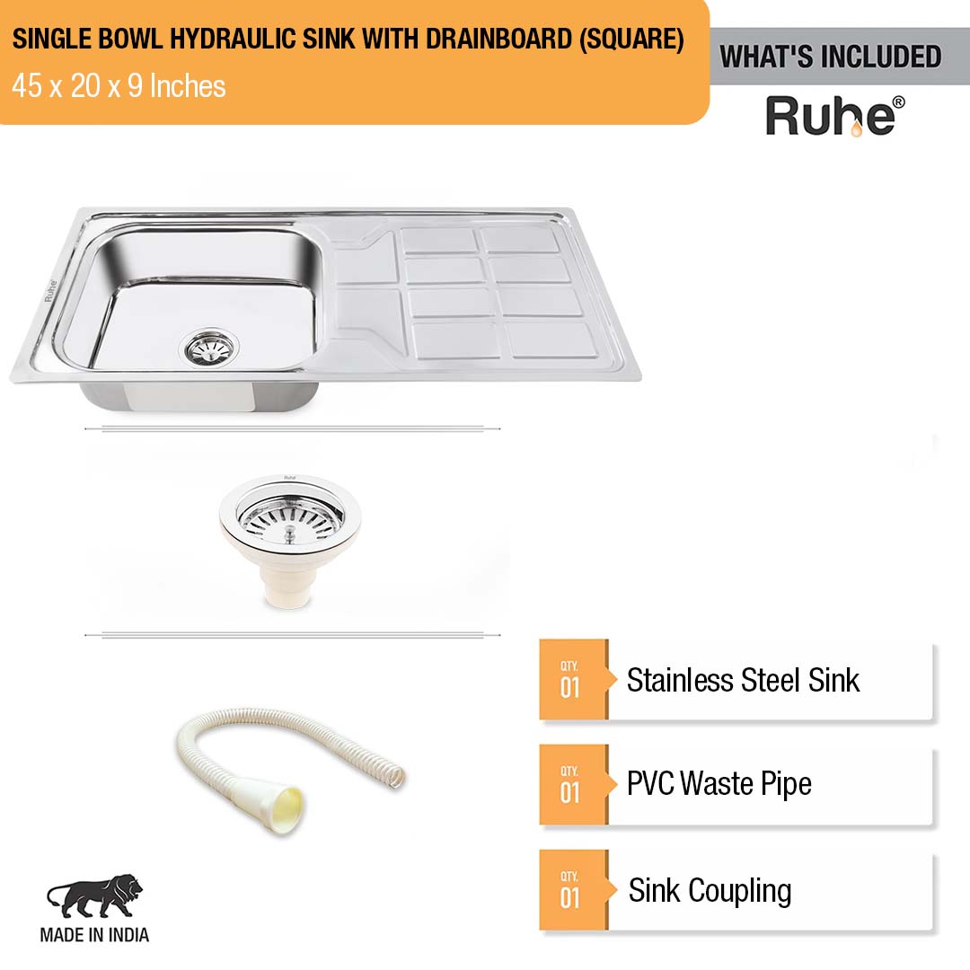 Square Single Bowl with Drainboard (45 x 20 x 9 Inches) Kitchen Sink - by Ruhe