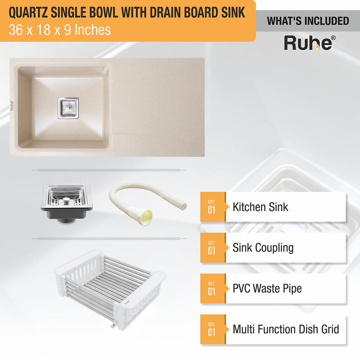 Quartz Single Bowl with Drainboard Kitchen Sink - Sand Choco (36 x 18 x 9 inches) - by Ruhe