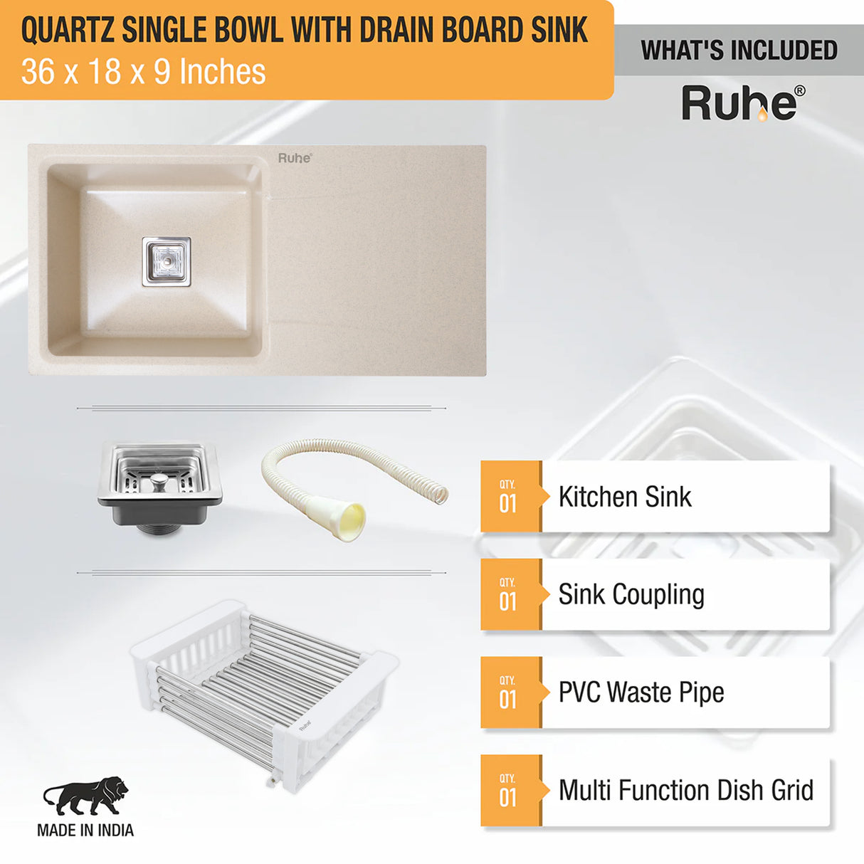 Quartz Single Bowl with Drainboard Kitchen Sink - Sand Choco (36 x 18 x 9 inches) - by Ruhe