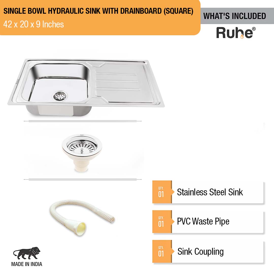 Square Single Bowl with Drainboard (42 x 20 x 9 Inches) Kitchen Sink - by Ruhe