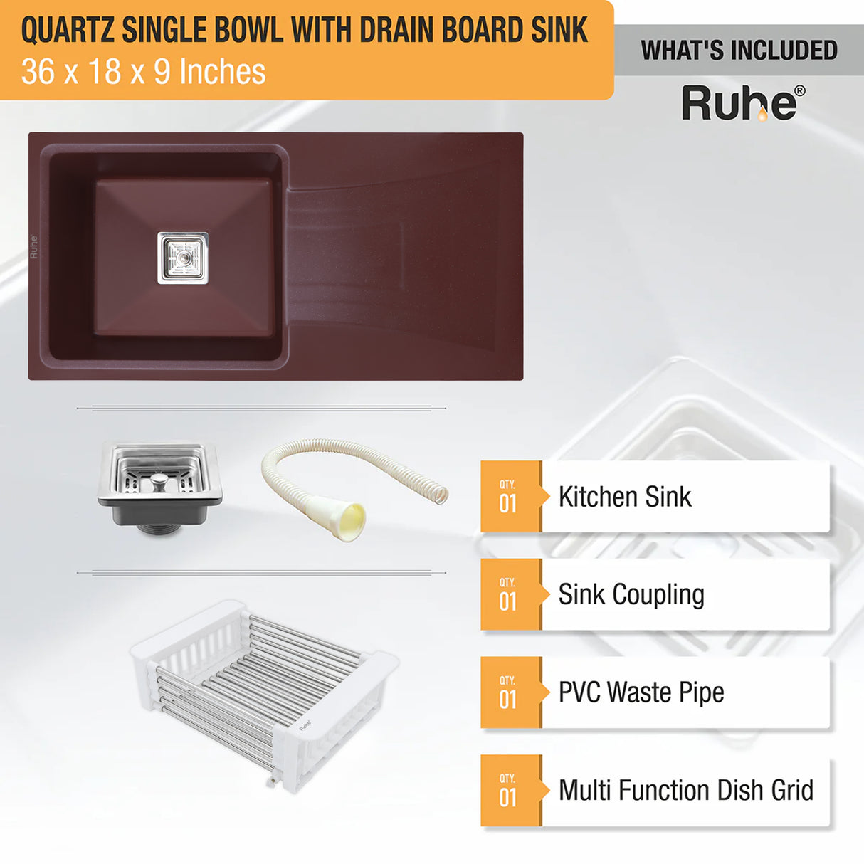 Quartz Single Bowl with Drainboard Kitchen Sink - Choco Brown (36 x 18 x 9 inches) - by Ruhe