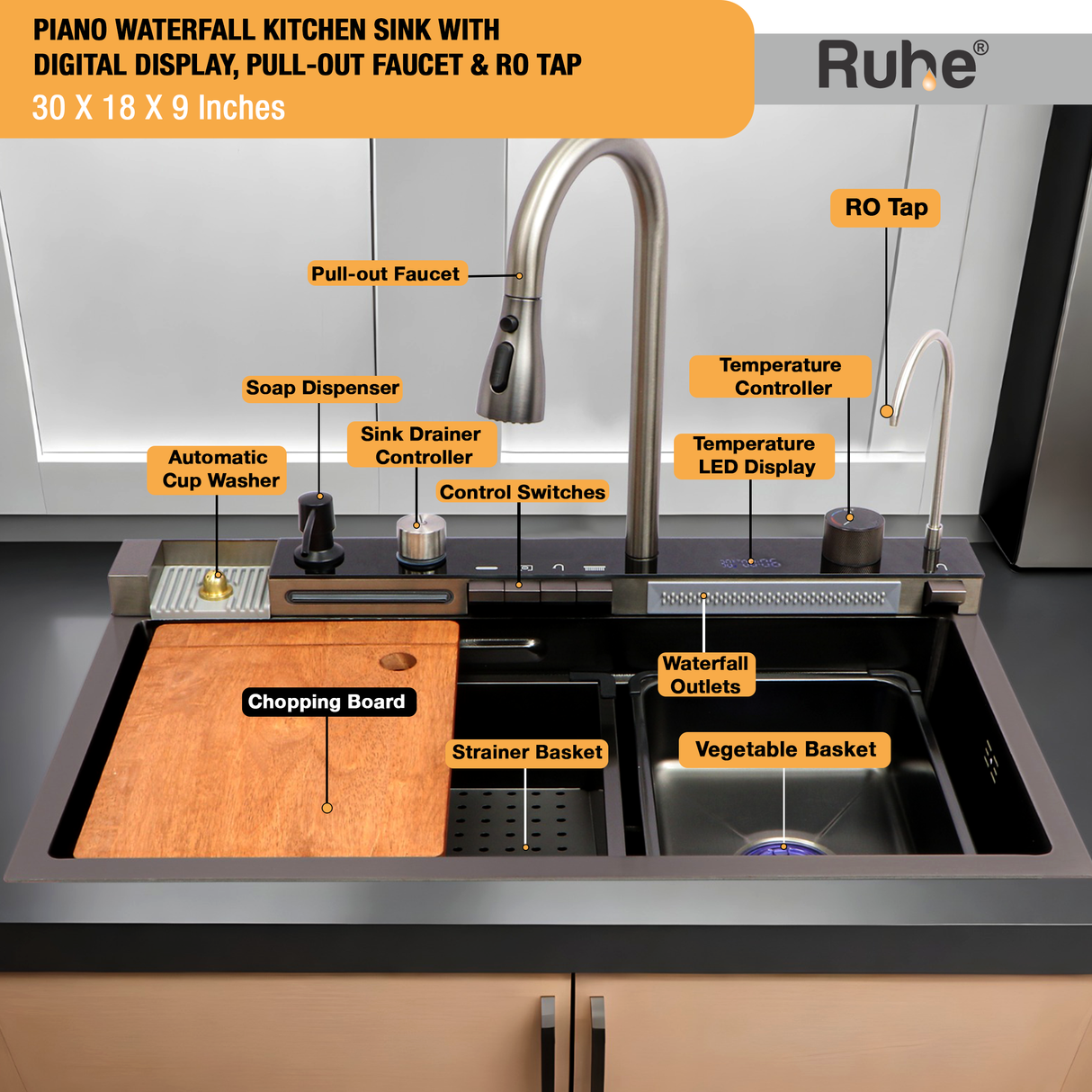 Piano 304-Grade Kitchen Sink with Integrated Waterfalls, Digital Display, Pull-out Faucet & RO Tap (30 x 18 x 9 inches) - by Ruhe