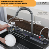 Piano Waterfall Kitchen Sink with Digital Display, Pull-out Faucet & RO Tap (30 x 18 x 9 inches) - by Ruhe